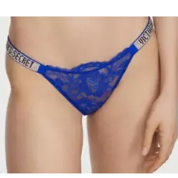 Victorias Secret Crystals Rhinestone Shine Strap Bikini Lace Panty blue Oar Lace - Picture 9 of 9